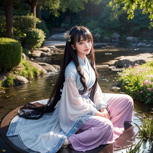 best quality, Delicate face,beautiful visual work, lifelike, eternity, black hair, Long curly hair, blunt bangs, Smile, Detailed Background, Delicate face,blush,cold,((masterpiece))、(top quality)、8k、high detail、Super detailed,21 years old female,Wearing Tang Dynasty Hanfu、waist skirt, Clothes are light and fluffy,Hanfu, wide sleeves, Transparent sleeves, Tunic, Clothes made of chiffon, Seductive and whimsical style、masterpiece、born、Scenes resembling fairy tale illustrations、Intricate details and complex designs、Beautifully、magic、capricious、 Beautifully、Dream aesthetics、「𝓡𝓸𝓶𝓪𝓷𝓽𝓲𝓬、ethereal、charming、fickle、magic」、Realism、Visual effects、FXAA、SSAO、Shaders、voiceless、ambient lighting、Tone mapping、High resolution、Ultra high quality、Million pixels、(8K resolution:1.10)、8k、Below 8K、8K resolution、high detail、intricate details, (high quality:1.2、masterpiece:1.2、:1.21)、(21 years old female:1.21)、(Smile excitedly)、(Surrounded by a dream-like atmosphere、Model diagram,full-body shot,Normal 2 feet,Put your hands behind you,The protrusion of the breast is visible when wearing clothes, Large Breasts, H cup chest, antiquity, Xian Xia, gauze clothes, Soft and fluttering, Fairy, dream, fantasy, light, elegant, nature, Immortal, romantic, classical, ribbon, light purple clothes, By the stream