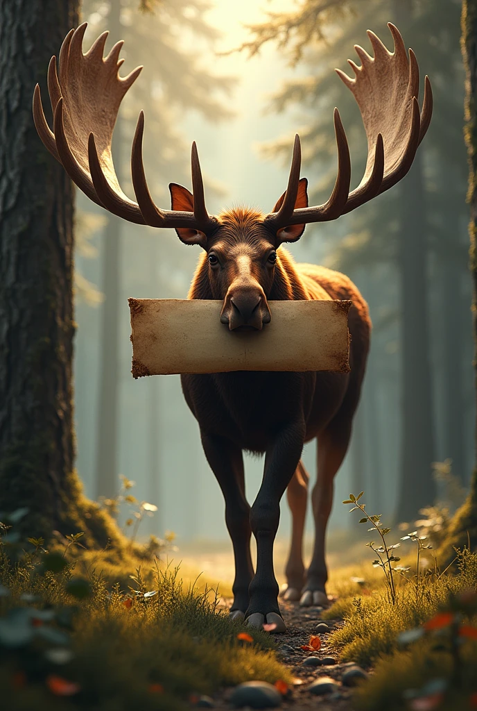 Moose with big antlers carrying a letter