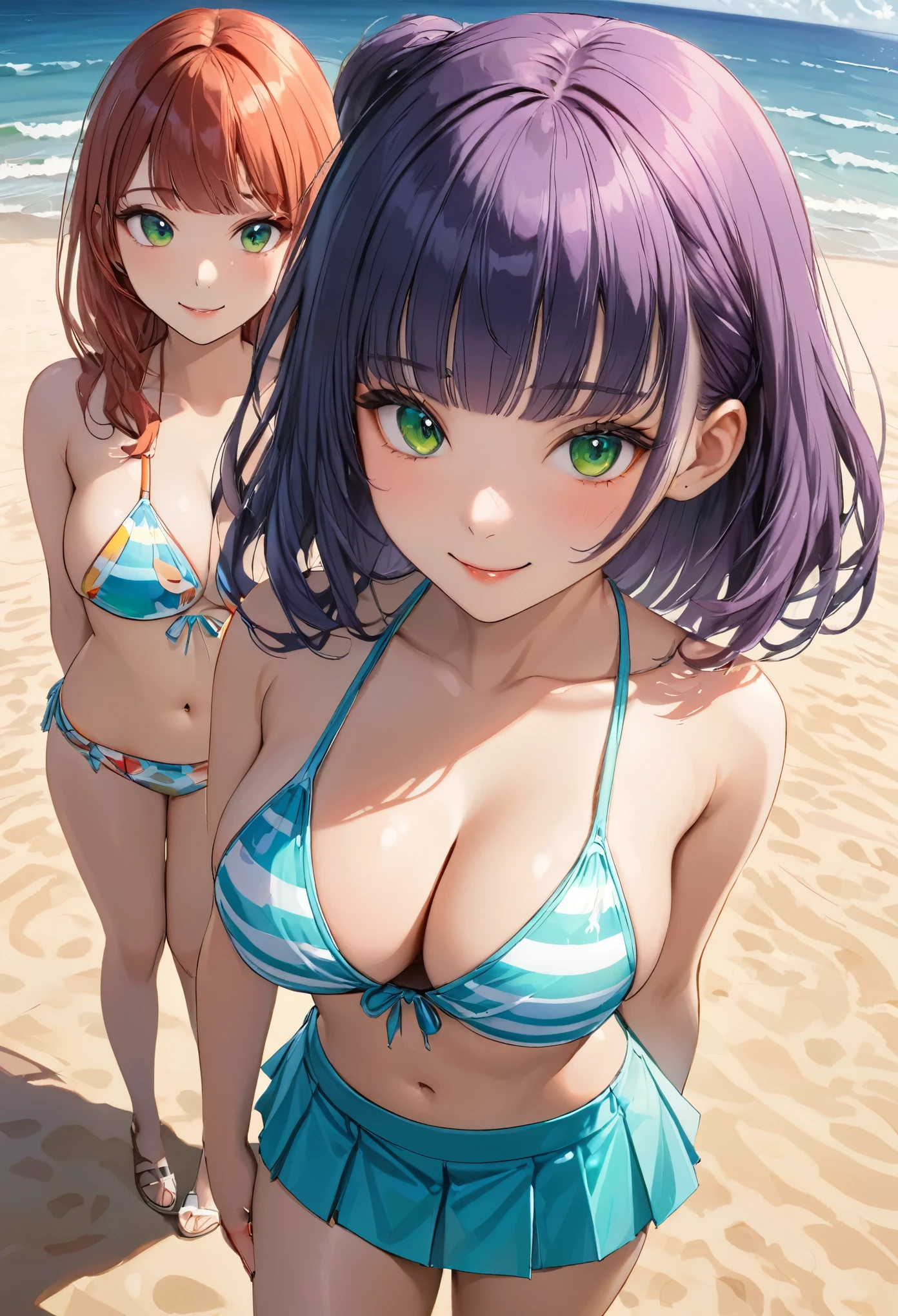 (Highest quality:1.1), (masterpiece:1.2), Five Girls，Swimwear，Are standing，High Quality Shadows, Beautiful details, Beautiful Face, Detailed eyes,Depth of written boundary, High resolution, Best Shadow, Best lighting, daughter, Displaying the viewer, （Five-colored hair:1.3)，Brush Cut，Very short hair, Blunt bangs, Long Hair, Iris, shy, Large Breasts, mini skirt, Swimwear, pump, Sea Beach，green，cloud， Sunburn，Boo Markers，Cleavage，Looking into the camera，smile，closeup Cleavage，Super Skirt