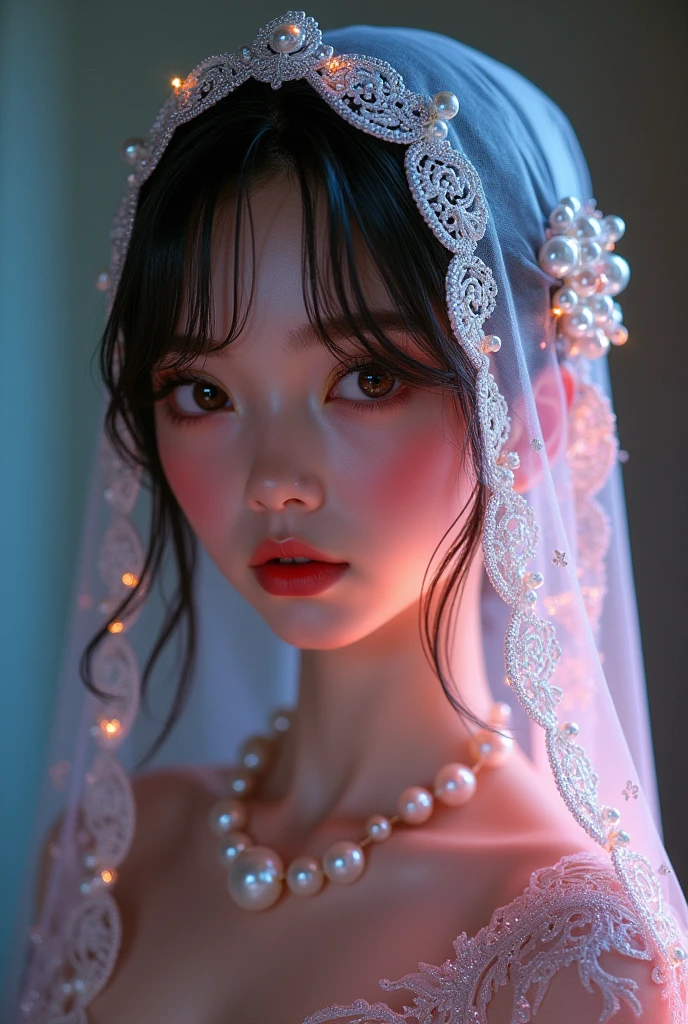 nsfw,Highest Quality, Highest image quality, RAW Photos, Realistic, Photorealsitic, ultra detailed and beautiful, highest details, 1young girls, good-looking, Beautiful fair skin and luster, Beautiful eyes are big and bright, Small mouth and thin lips, hijabi, Goodness of style and slenderneseautiful big breasts:1.3), She has a cheerful personality and a cute smile......, Natural makeup, Pearl Pin Cripantasy see-through costume with cute details and wide breasts:1.5), Cute s, beautiful girl illuminated by seven colors of light, Irridescent color,