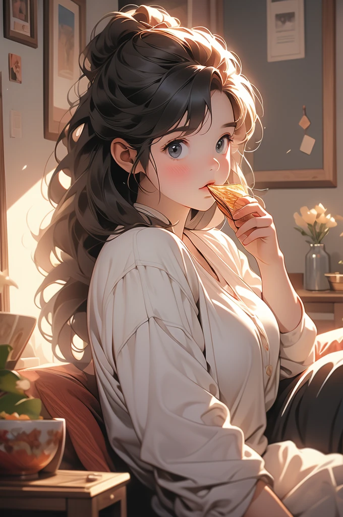slightly chubby girl watching a movie and eating crisps from a bowl, bedroom scenery
