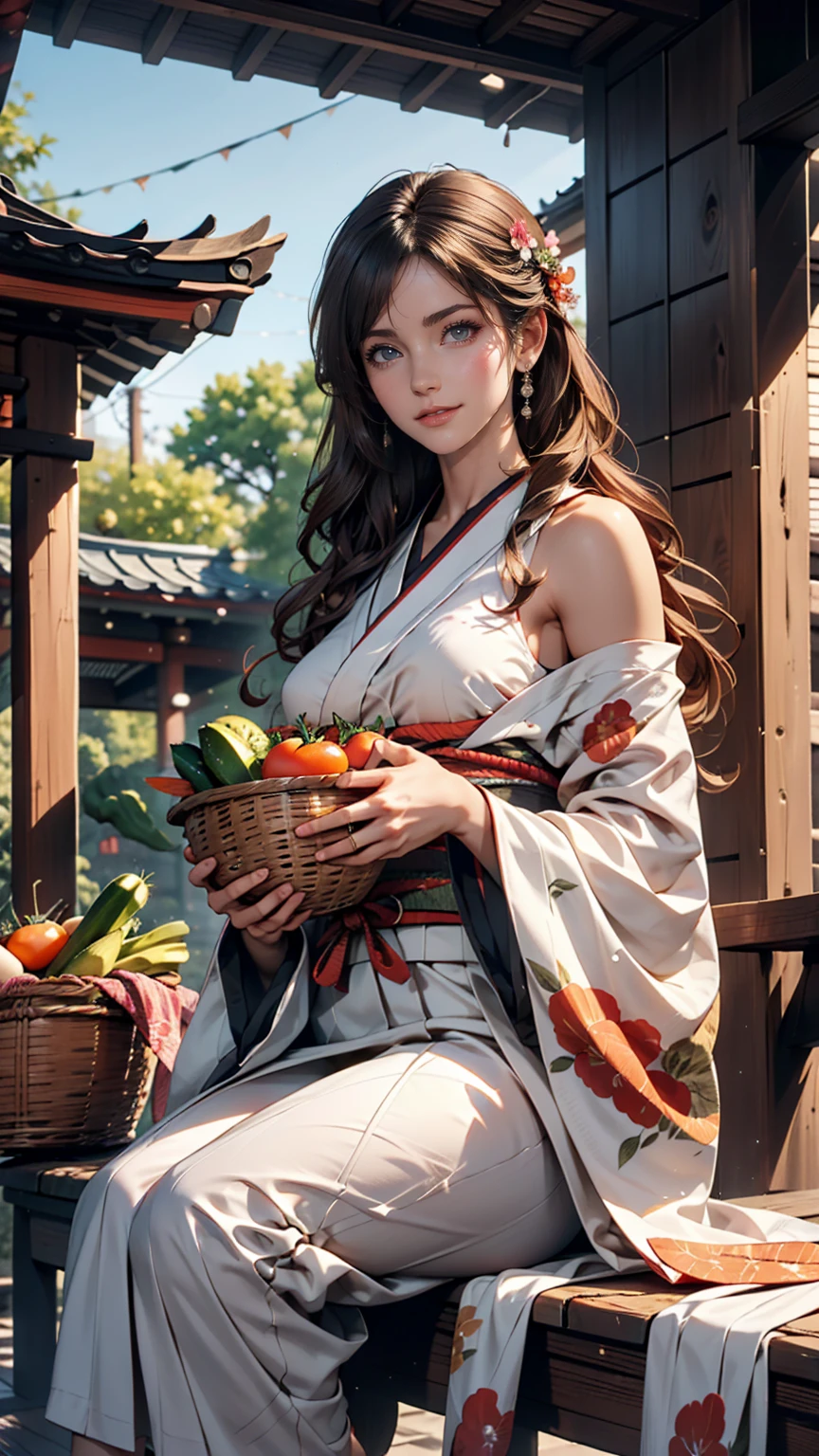 ((最high quality, 8k, masterpiece: 1.3, Ultra HD, high quality, 最high quality, High resolution, realism)) 、A stunningly beautiful 22-year-old Japanese woman、Hair color is black、black eye、Medium Hair、Straight hair、smile、Sitting on the veranda of a Japanese house in rural Japan、summer、Wind chimes are hanging from the eaves.、barefoot、Woven rattan hand basket（Carrots and tomatoes、Cucumber goes in)、In front of the veranda is a courtyard.、There is a well with a hand pump in the courtyard..、Wear a yukata、Upstyle your hair