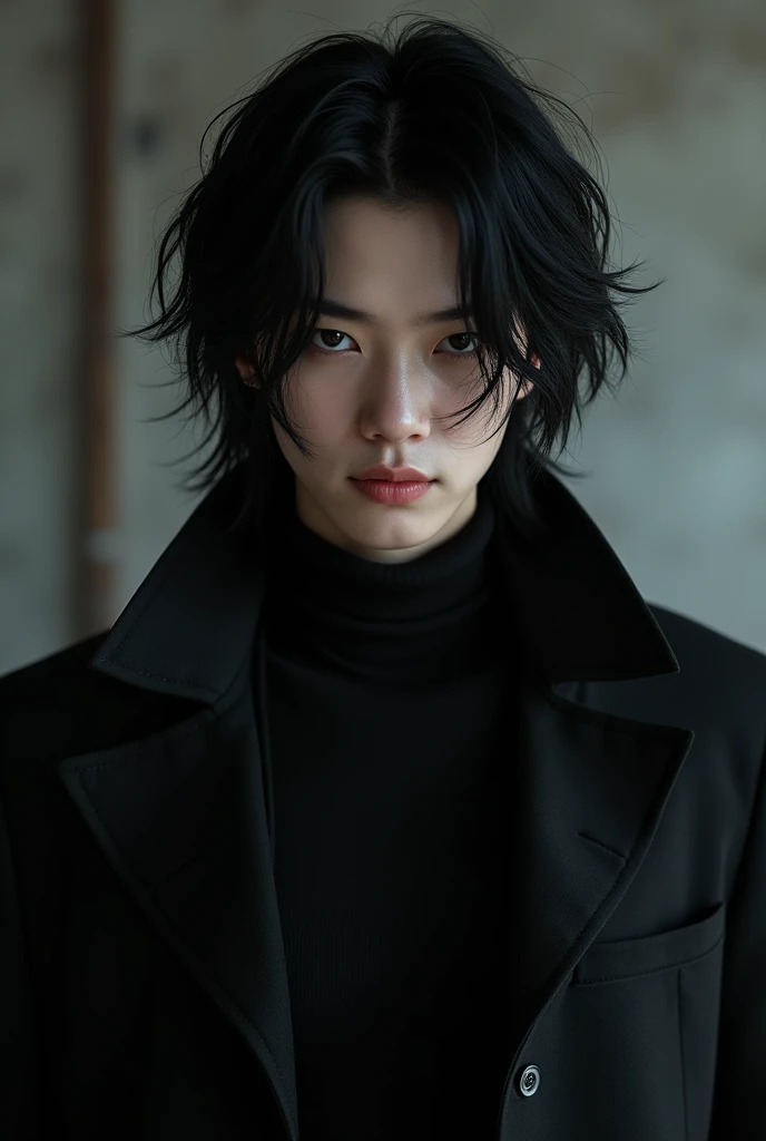 create a perfect realistic young Korean vampire, with black hair hair style, tall and strong, muscular and in black clothes, and with an evil look, very penetrating