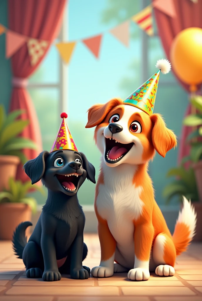 Create an image of two dogs, one smaller than the other, one all black and the other with orange and white fur, singing happy birthday to you 