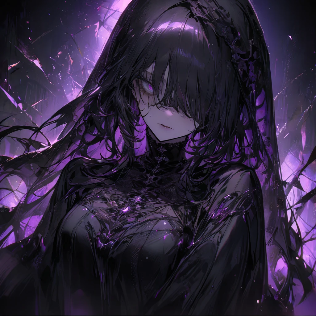 （dark atmospher，gothic fashion，shiny colors），（best quality，Super exquisite，), ultra details,(best quality),((Artwork)),(high resolution),original, A beautiful woman with long black hair, Bblack hair lisos, Bblack hair, appealing, lindo rosto, long hair blindfolded ,black veil, she uses it a lot, flowing clothes made of a dark fabric that absorbs light and blends with the shadows around it., Your presence exudes an ethereal and cold aura, representing the transition between life and death,