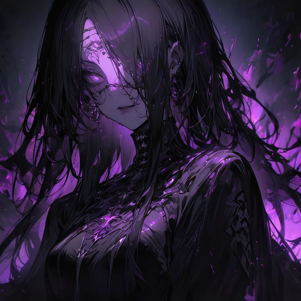 (dark atmospher,gothic fashion,shiny colors),(best quality,Super exquisite,), ultra details,(best quality),((Artwork)),(high resolution),original, A beautiful woman with long black hair, Bblack hair lisos, Bblack hair, appealing, lindo rosto, long hair blindfolded ,black veil, she uses it a lot, flowing clothes made of a dark fabric that absorbs light and blends with the shadows around it., Your presence exudes an ethereal and cold aura, representing the transition between life and death,