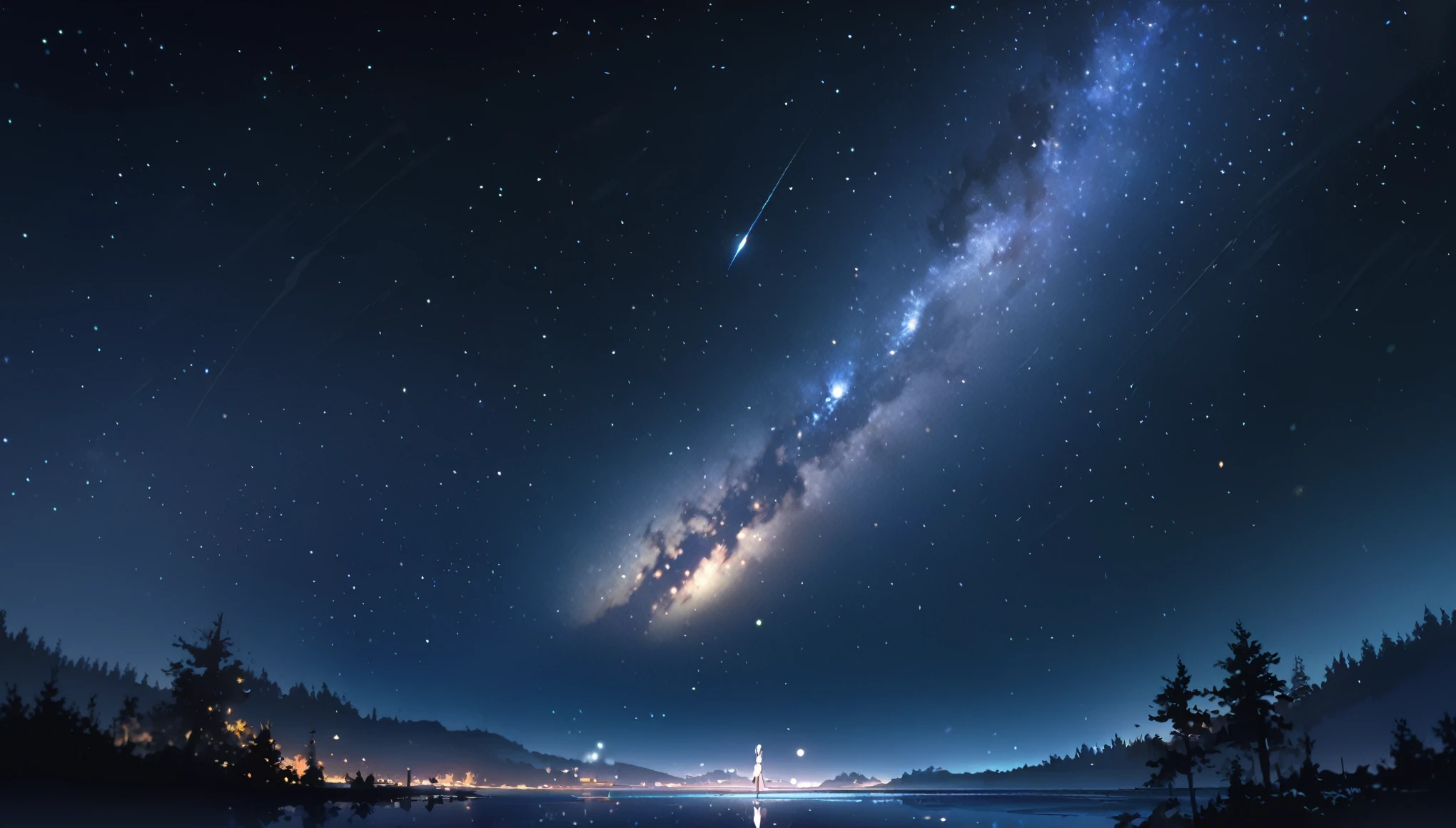 1girl, anime girl, cute , skinny, slim, long hair, full body, at distance, far away, looking at the sky, very dark, at night, full of stars, milky way, moon, lots of stars, mountains, forest, river, one commet, particles, masterpiece, best quality, very aesthetic, absurdres