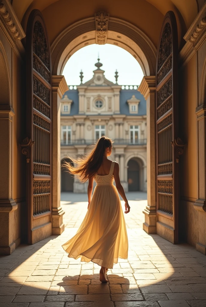 brown haired girl wearing a ponytail and very pretty entering the University of Coimbra in Portugal.