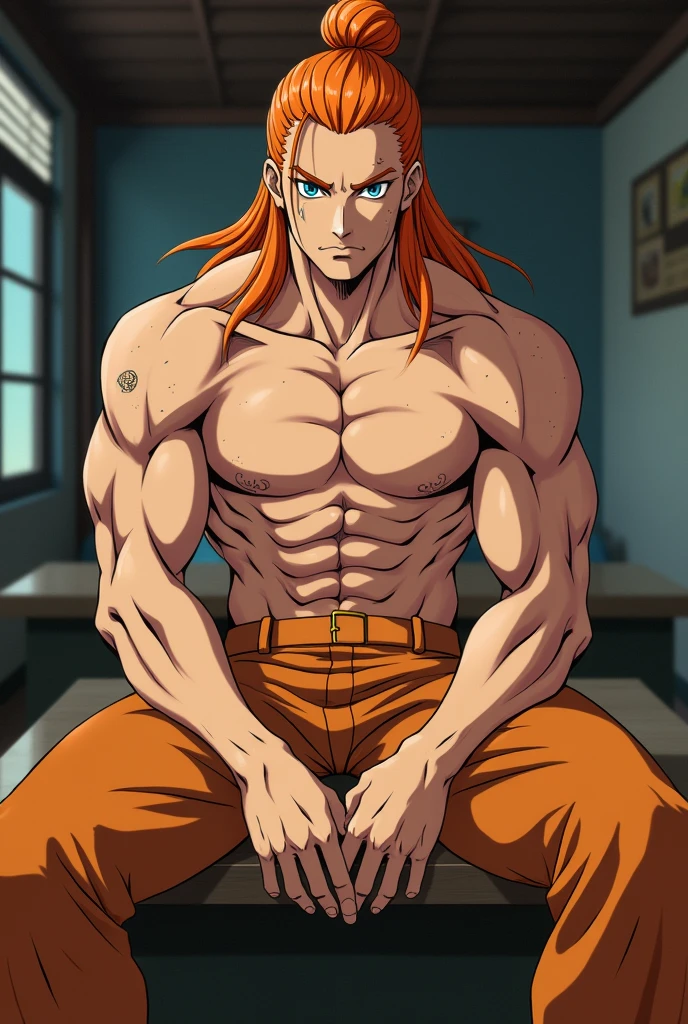 Handsome and muscular man, sitting on top of a table with legs open, big penis,erect penis, no clothing,hairless,long orange hair tied in a bun, freckles and blue eyes,anime classics of kimetsu no yaiba,hairless, whole body, firing, scar on the left side of the neck, without clothes