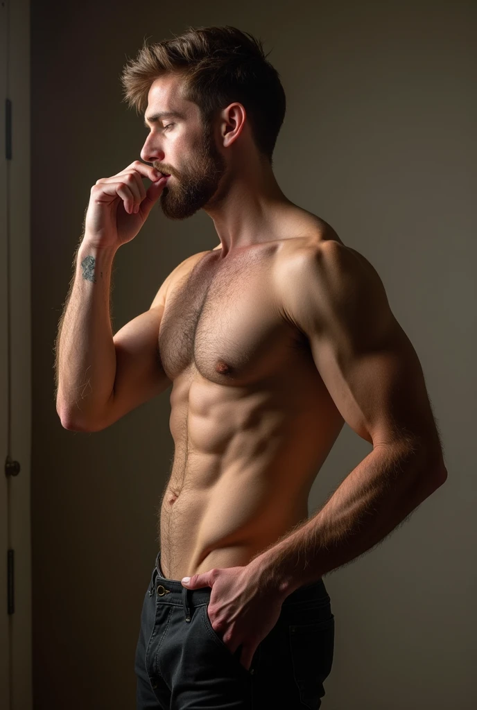 Create a naked and hairy guy make him masturbate with his penis