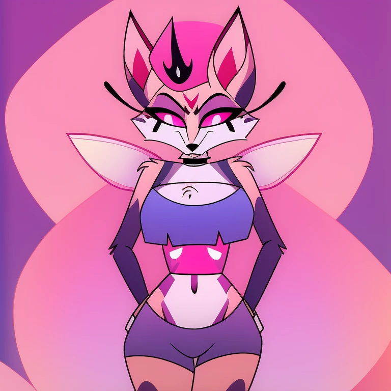 (masterpiece, best quality:1.2), Queen Bee hellhound, female feminine wolf, furry, block fur, helluva boss, she wears a blue crop, and black short, hypnotized with completely spyral glowing purple eyes with no irises or pupils, undressing, full body image