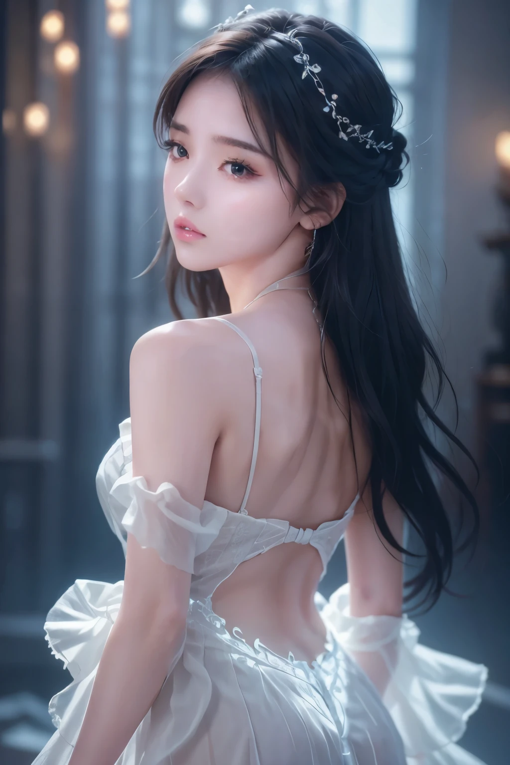 masterpiece, Highest quality, Very detailed, Best Shadow, Beautifully detailed face, Beautiful attention to detail, High Contrast, One girl,  Black bare shoulders, (Face Focus:1.3, Eye close-up:1.3), ((From behind:1.3)), Butt,Cute face、Innocent face、Realistic Skin