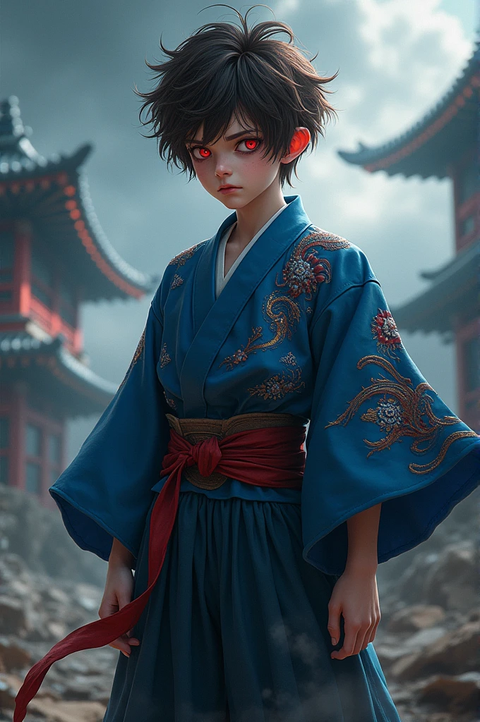 Record of ragnarok demon boy with short brown hair and red eyes with a blue tandara style kimono and dark blue pants serious and psychopathic personality