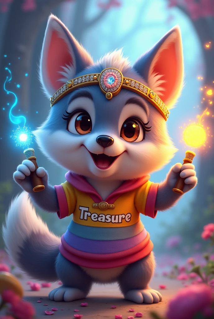 I need a drawing of a character that is a cute wolf that has a shirt that says Treasure and a headband with diamonds., and that in his hand he has a magic wand