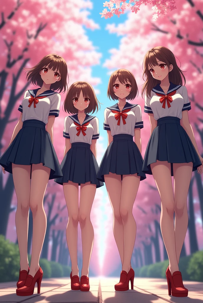masterpiece, best quality,4 Girls,Young Girls, Plum_Pie Eyes, Brown, choppy bob,envious _Face,Glowing skin,Medium breasts,Beautiful leg lines:1.3,Thick thighs, Thin waist,Uniforms, High Leg Raise,tie,((Pencil Skirt)),Red high heels, Pantyhose, , way_lining_and_bloom_cherry_flowering_Trees,,Looking at the audience,From below,whole body, legupsexms,