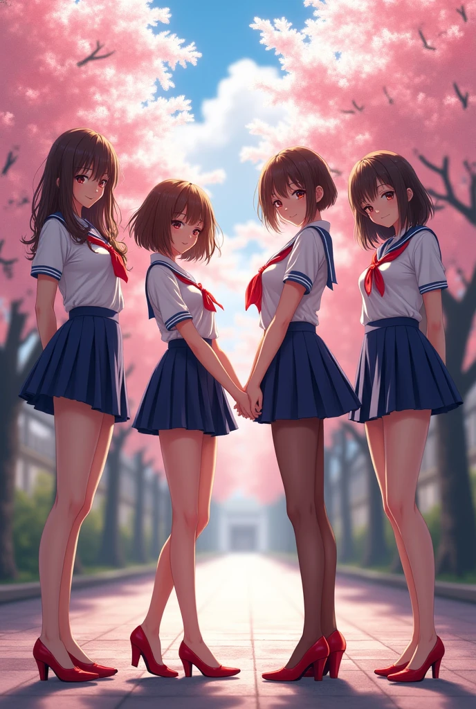 masterpiece, best quality,4 Girls,Young Girls, Plum_Pie Eyes, Brown, choppy bob,envious _Face,Glowing skin,Medium breasts,Beautiful leg lines:1.3,Thick thighs, Thin waist,Uniforms, High Leg Raise,tie,((Pencil Skirt)),Red high heels,   Pantyhose, , way_lining_and_bloom_cherry_flowering_Trees,,Looking at the audience,From below,whole body, legupsexms,