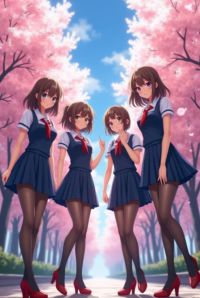 masterpiece, best quality,4 Girls,Young Girls, Plum_Pie Eyes, Brown, choppy bob,envious _Face,Glowing skin,Medium breasts,Beautiful leg lines:1.3,Thick thighs, Thin waist,Uniforms, High Leg Raise,tie,((Pencil Skirt)),Red high heels,   Pantyhose, , way_lining_and_bloom_cherry_flowering_Trees,,Looking at the audience,From below,whole body, legupsexms,