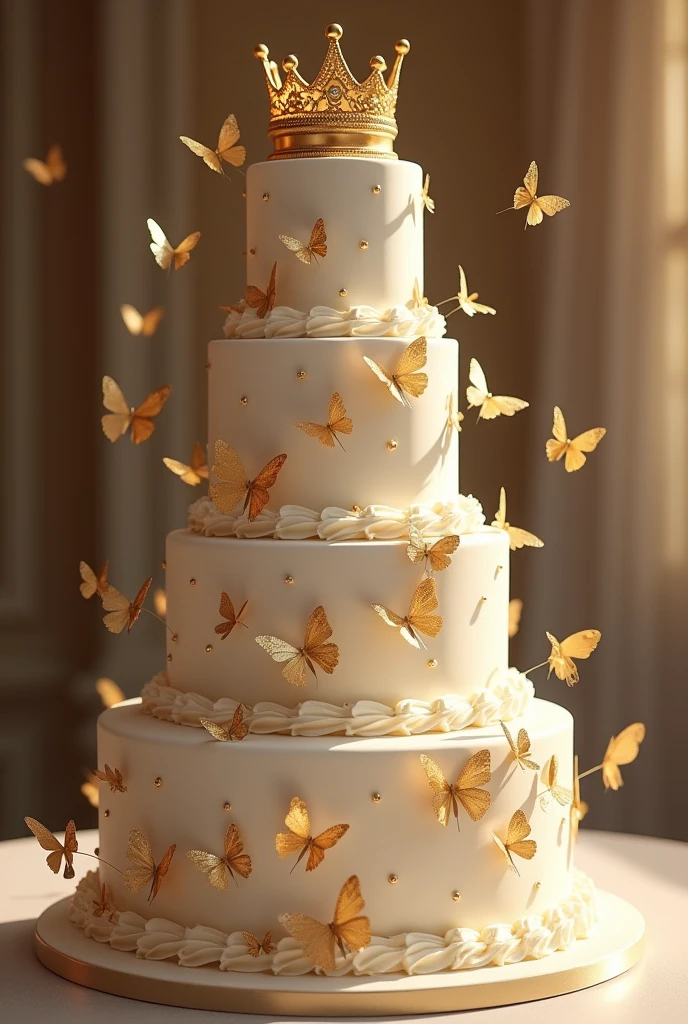 A pearl-colored, almost white, -yeld ca 3 tiers with scattered golden butterflies and small pearls on the cake and a golden princess royal crown on the top tier