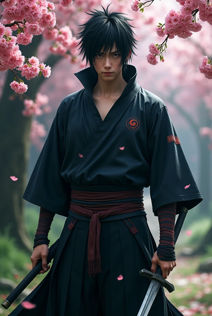 dark fantasy,sasuke uchiha live action,Kento Yamazaki's real life,sharingan 3 tomoe,konoha, holding sword, sakura haruno real life hair rose,actress yui aragaki,next to sasuke uchiha