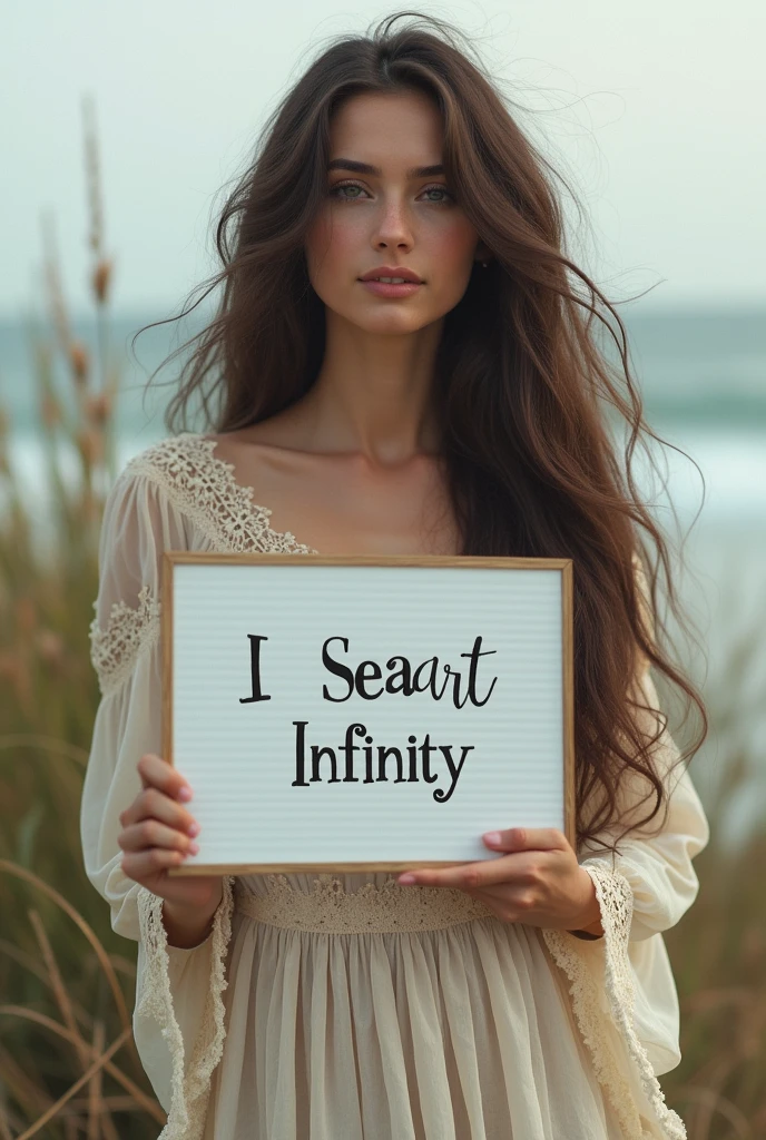 Beautiful girl with wavy long hair, bohemian dress, holding a white board with text "I Love Seaart Infinity" and showing it to the viewer