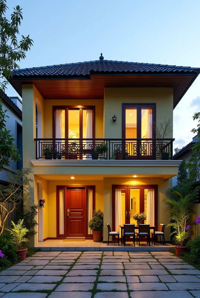 Thai roof house design, typical of Vietnam. The house has dimensions of 8mx12m. Designed in modern style. There are 2 floors. Aluminum glass windows. The main door is wooden. There are flowers planted around the house. Courtyard tiles are brightly colored. Walls painted yellow white. There are lights and ambient lighting. The design allows for panoramic views from above.