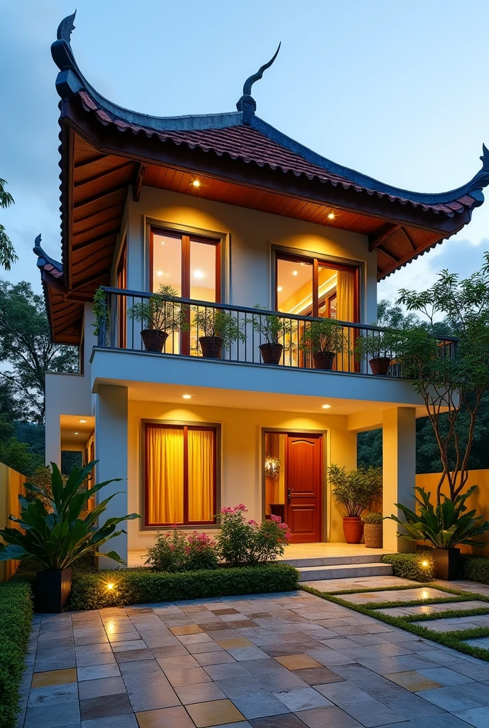 Thai roof house design, typical of Vietnam. The house has dimensions of 8mx12m. Designed in modern style. There are 2 floors. Aluminum glass windows. The main door is wooden. There are flowers planted around the house. Courtyard tiles are brightly colored. Walls painted yellow white. There are lights and ambient lighting. The design allows for panoramic views from above.