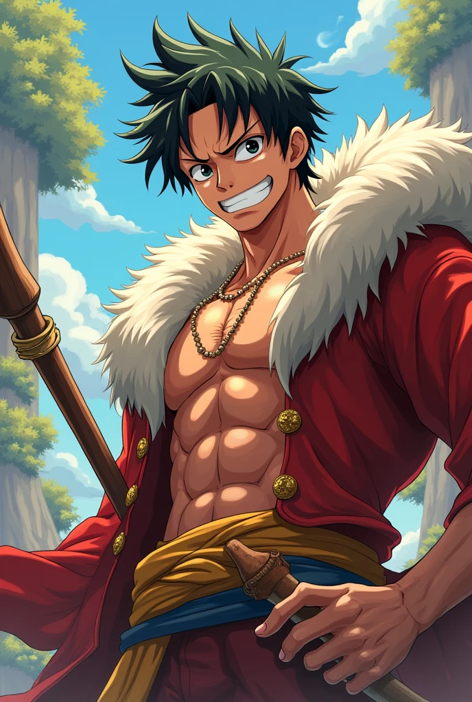 An anime version of an adult Sun wukong with a face like Monkey D. luffy. No pointy ears.