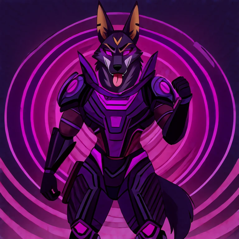 (masterpiece, best quality:1.2), Vortex Anubis hellhound, wolf, furry, helluva boss, hypnotized with glowing purple eyes, tongue out, wearing futuristic armor, using a Pulse Rifle, Energy Rifle, Futuristic assault rifle, dancing ridiculously