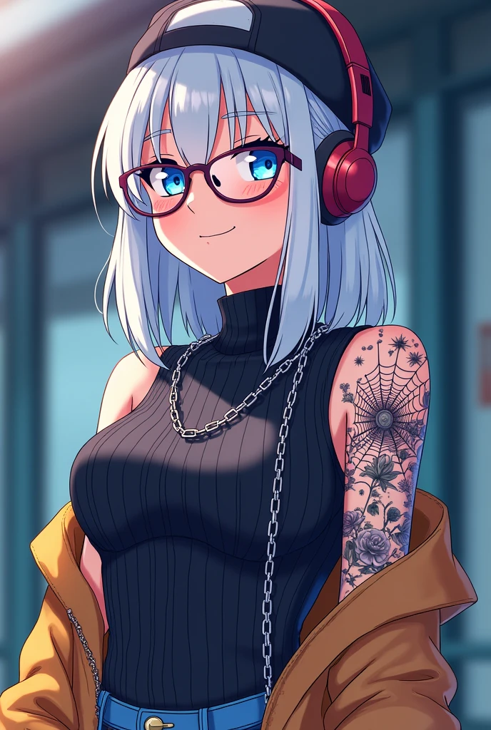 1 22 year old woman with blue eyes 2 white hair down to her shoulders and glasses 3 right hand a full tattoo from shoulder to wrist of a spider web 5 chain on the left hand 6 pants with a belt 7 turtleneck shirt with vertical lines and a jacket, with the right sleeve rolled up, cap and headphones, anime color version