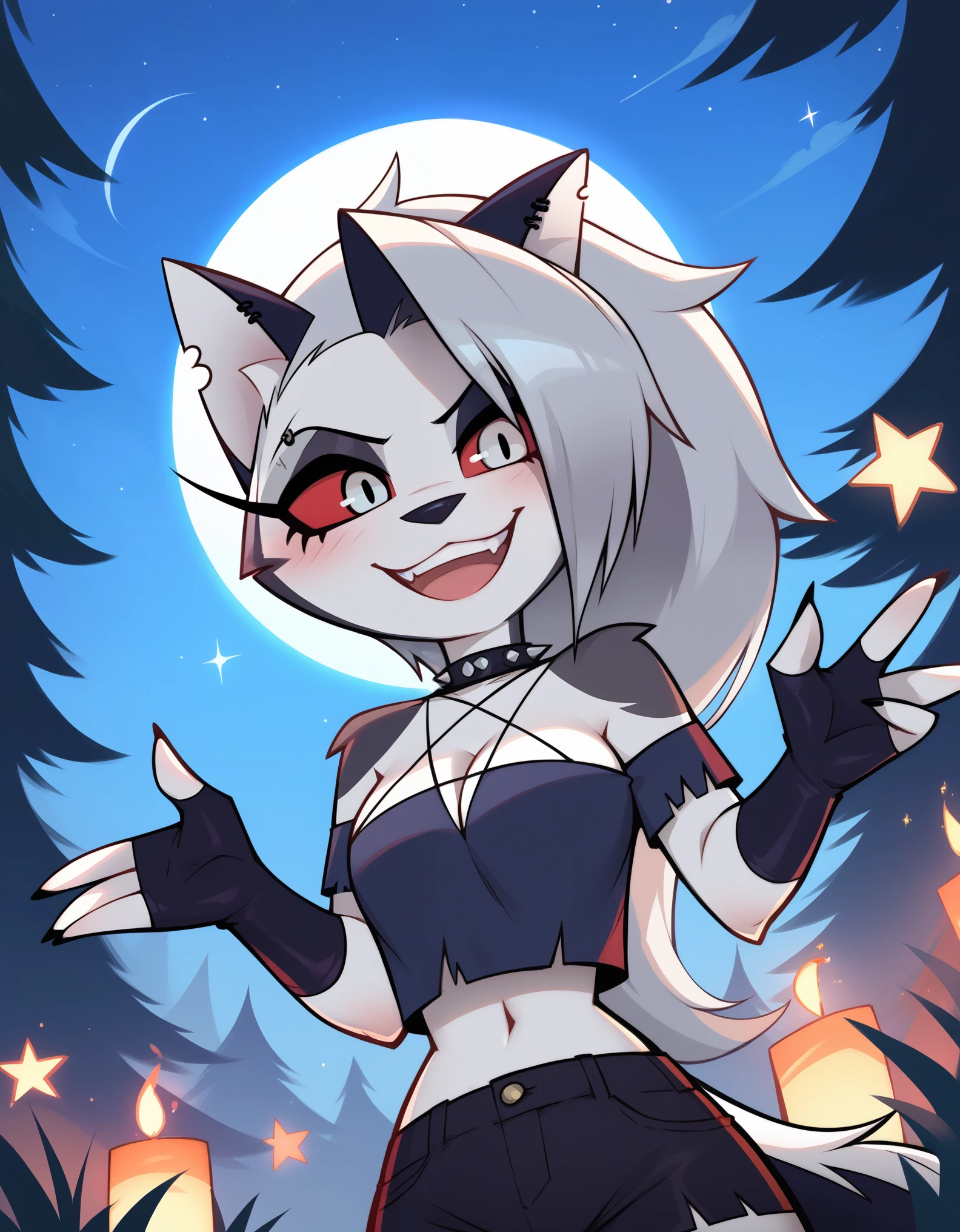 score_9_up, score_8_up, score_7_up,  rating_safe, furry, anthro, solo, loona(jizokumode), hellhound, red sclera, loona (helluva boss), tanktop, fingerless gloves, excited, blep, forest, night, stars, crescent moon, solo, forced smile, 4 fingers, inverted pentagram,