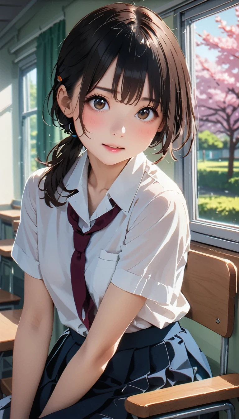 (masterpiece, Highest quality:1.2), 1 girl, alone、(Tabletop, Highest quality:1.2), 8k, 18-year-old, 85mm, Official Art, RAW Photos, Absurd, White dress shirt, Cute Face, close, Upper Body, Viola Lace, Gardenia, beautiful girl, (Dark red tie:1.1)、(Navy Pleated Skirt:1.1), Cinch waist, Thighs, Short sleeve, classroom, ponytail、short hair、short hair、sit on bench seat, Looking at the audience, No makeup, (smile:0.4), Film Grain, chromatic aberration, Sharp focus, Face Light, Bright lighting, Teen, Detailed face, ((Background blur,日本の学校のclassroom、classroom、Cherry tree seen from the window)),Flip up the skirt,Cute lightweight panties