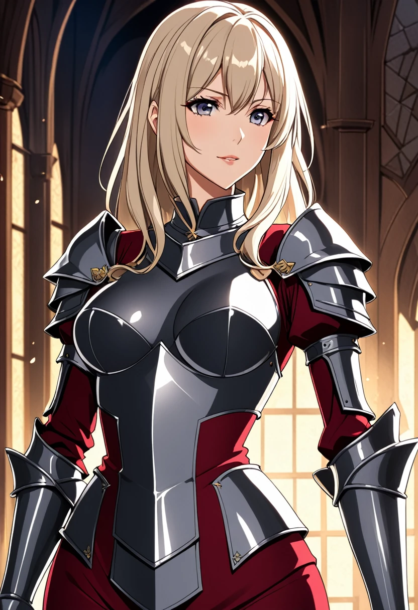 anime style, highest quality, woman, 40 years, in a tight knight's outfit, dark blue boxing gloves, stands alone in a boxing ring in the basement of a tavern, playfully raised her gloves to face level, throws the blow in front of him smiling arrogantly, arrogant look at the viewer, fantasy