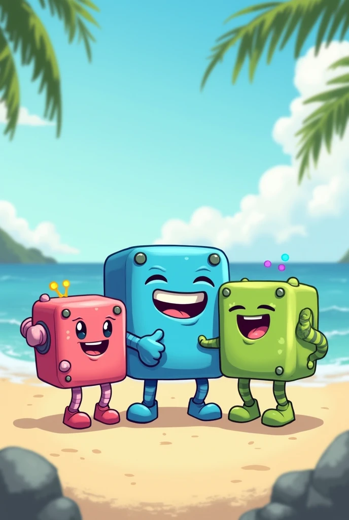 Three cubes, one pink with legs and braces, one with a blue body, and a green cube with nubs and a big mouth. All the cubes are happily smiling infront of the beach. 2D Drawn style. The green and blue cubes dont have legs or arms.  Meaning the green and blue cubes are just a square with a face, no legs or arms. 