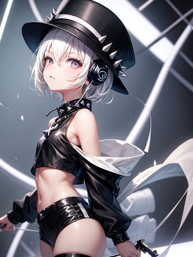 girl with short white hair black hat, and headphones with spikes. black shirt with a cross