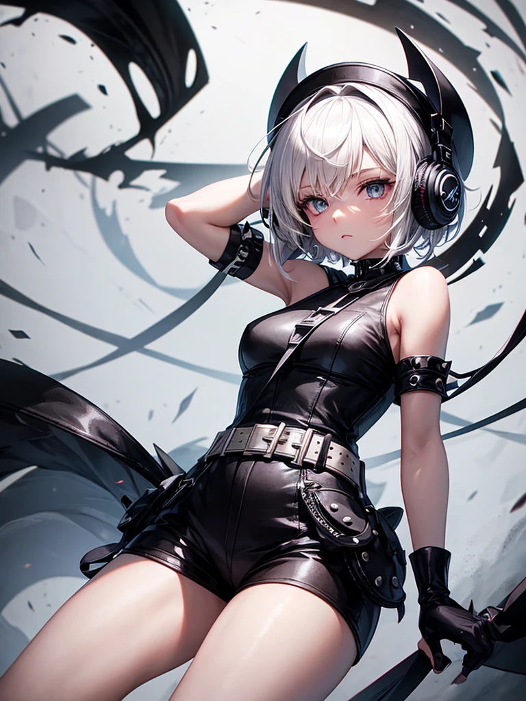girl with short white hair black hat, and headphones with spikes. black shirt with a cross 