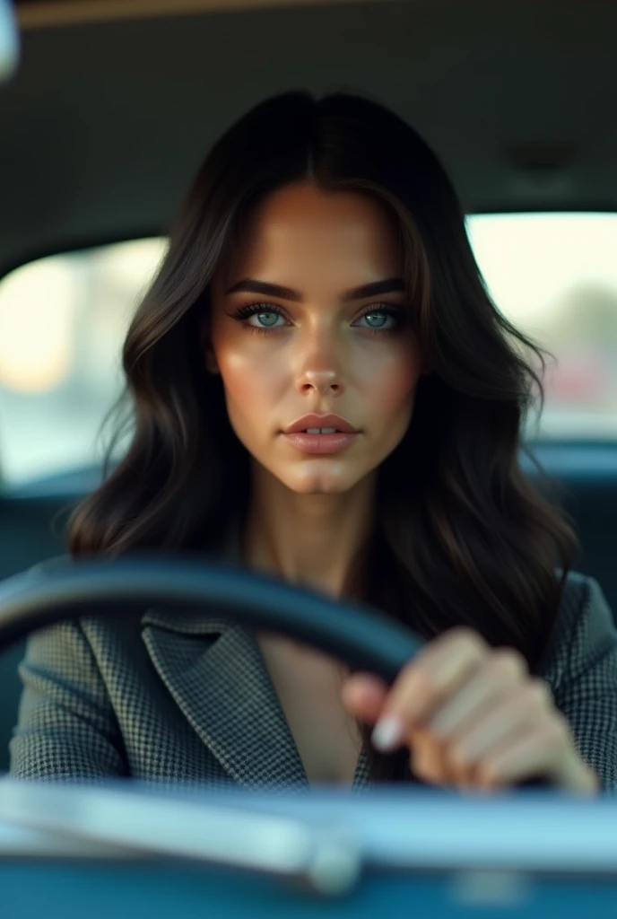 laura1, Black long hair big blue eyes model high fashion photo real hyperrealistic, high resolution, best quality, intricate details, highly detailed, sharp focus, detailed skin, realistic skin texture, texture, detailed eyes, professional, 4k, driving a vintage car