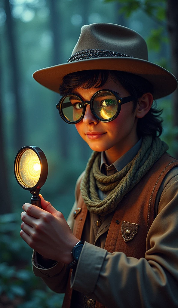 create a gem hunter, modern times, with magnifying glasses, estilo caçador de gemstones, indian jones style
