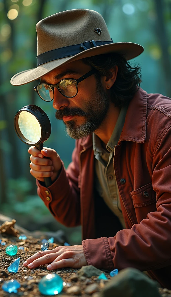 create a gem hunter, modern times, with magnifying glasses, estilo caçador de gemstones, indian jones style