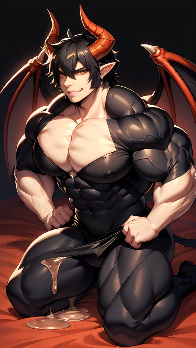 Huge muscles,Devilish wings,Devilish horns,Transparent liquid dripping,black costume,