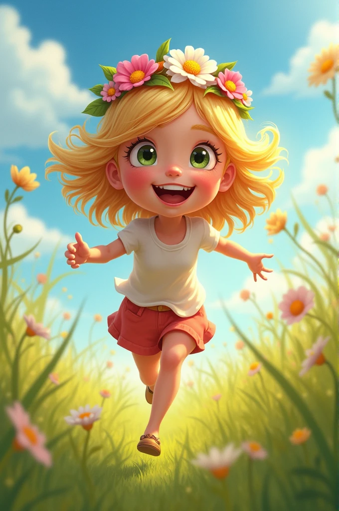A very happy blonde girl with a flower crown running in a field. that only his face can be seen