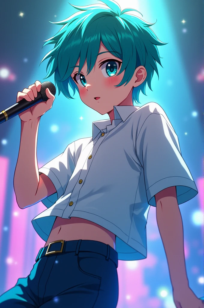 Anime boy with hair color half dark turquoise and the other half light turquoise idol