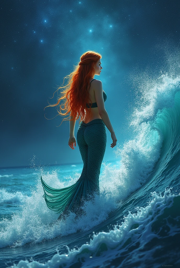 beautiful girl standing on a wave in an huge ocean, mermaid girl, red hair, fantasy, beautiful body and face, power woman, fantastic scene, starry night