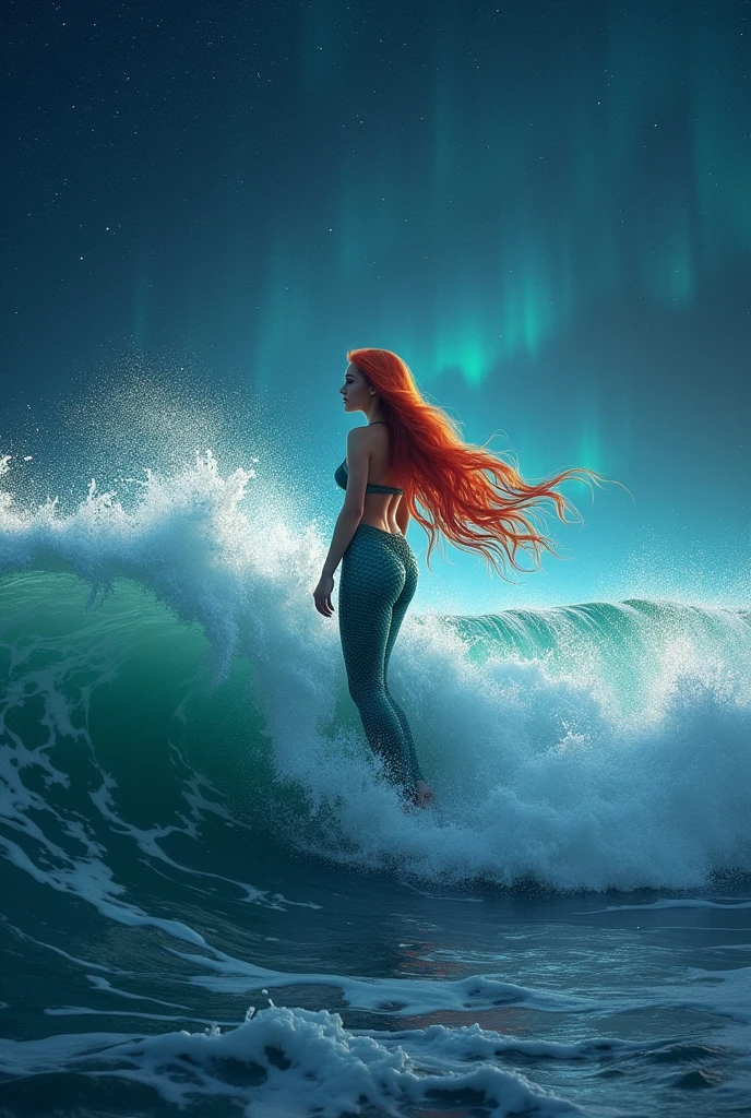 beautiful girl standing on a wave in an huge ocean, mermaid girl, red hair, fantasy, beautiful body and face, power woman, fantastic scene, starry night