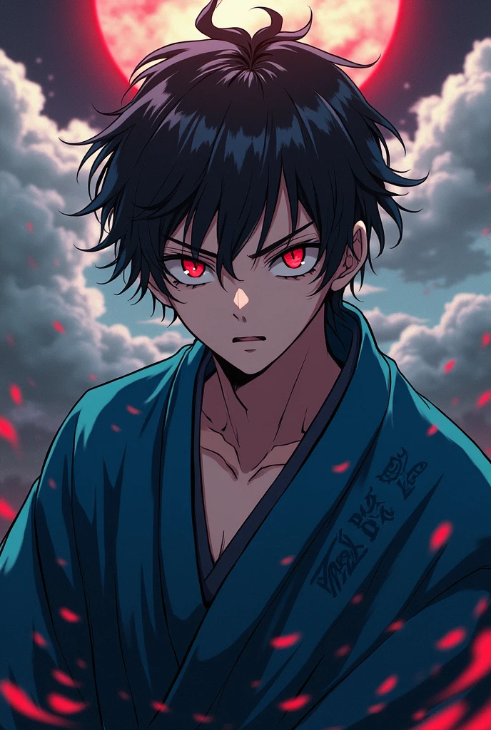 Record of ragnarok demon boy with short brown hair and red eyes with a blue tandara style kimono and dark blue pants serious and psychopathic personality okita souji anime version 