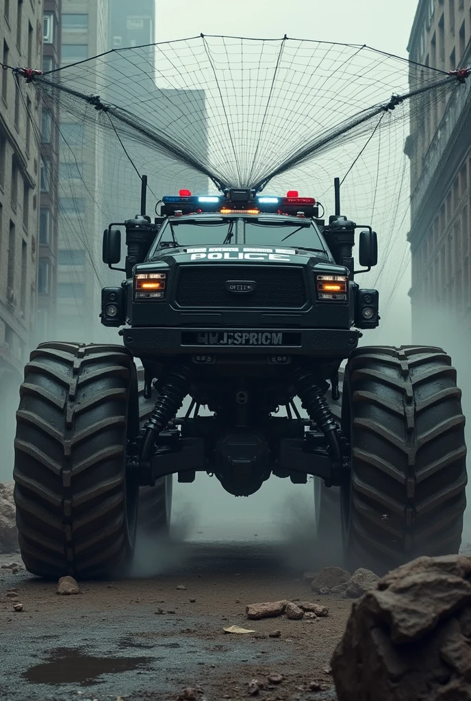 Police monster truck casting a net
