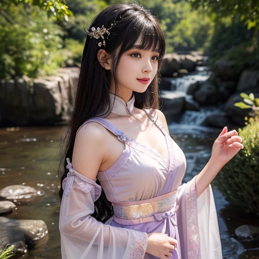 best quality, Delicate face,beautiful visual work, lifelike, eternity, black hair, Long curly hair, blunt bangs, Smile, Detailed Background, Delicate face,blush,cold,((masterpiece))、(top quality)、8k、high detail、Super detailed,21 years old female,Wearing Tang Dynasty Hanfu、waist skirt, Clothes are light and fluffy,Hanfu, wide sleeves, Transparent sleeves, Tunic, Clothes made of chiffon, Seductive and whimsical style、masterpiece、born、Scenes resembling fairy tale illustrations、Intricate details and complex designs、Beautifully、magic、capricious、 Beautifully、Dream aesthetics、「𝓡𝓸𝓶𝓪𝓷𝓽𝓲𝓬、ethereal、charming、fickle、magic」、Realism、Visual effects、FXAA、SSAO、Shaders、voiceless、ambient lighting、Tone mapping、High resolution、Ultra high quality、Million pixels、(8K resolution:1.10)、8k、Below 8K、8K resolution、high detail、intricate details, (high quality:1.2、masterpiece:1.2、:1.21)、(21 years old female:1.21)、(Smile excitedly)、(Surrounded by a dream-like atmosphere、Model diagram,full-body shot,Normal 2 feet,Put your hands behind you,The protrusion of the breast is visible when wearing clothes, Large Breasts, H cup chest, antiquity, Xian Xia, gauze clothes, Soft and fluttering, Fairy, dream, fantasy, light, elegant, nature, Immortal, romantic, classical, ribbon, light purple clothes, By the stream
