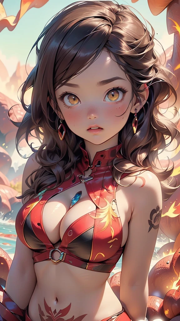 fire girl,(((1girl))),((fire girl with extremely cute and beautiful brown hair)),

(large breasts:1.4),saggy breasts,(((brown wavy hair:1.35,colored inner hair,ear breathing,large hair))),((heterochromia:1.5, (yellow_eye and pink_eye))),intricate eyes,beautiful detailed eyes,symmetrical eyes,big eyes:1.3,,((fat)),(((olive skin,lustrous skin:1.5,bright skin: 1.5,skin tanned,shiny skin,very shiny skin,shiny body,plastic glitter skin,exaggerated shiny skin,illuminated skin))),(spider lower abdomen,narrow waist,wide hip,athletic body,inflated legs, thick thighs,detailed body,(detailed face)),

cute,slutty,seductive,erotic,(nsfw),

zettai ryouiki,(((fire body, liquid lava, girl with lava body, prismatic fire, lava details, liquid lava covering her body, sun goddess, fire, leather top, thong, tattoos, (powerful aura), Flame elements, Incarnation of the Flame, Humanoid Flame, the body is on fire (flames in the body: 1.4),))),(bra unbuttoned),(((huge cleavage))),cleavage cutout,((intricate outfit,intricate clothes)),

(dynamic pose:1.0),solo focus,embarrassed,(centered,scale to fit dimensions,Rule of thirds),

((red and white background of a waterfall, red lava rivers, bright red lava flows, bloody river in hell, narrow red lava rivers, red fluid, bottom of a lava river, bright red veins, turbulent blood lake, flowing lava, rivers of lava, streams of bright hot lava, rivers of blood)),scenery:1.25,((intricate scenery)),

(Glossy fire ornaments),highres,sharp focus,(ultra detailed,extremely detailed),(photorealistic artwork:1.37),(extremely detailed CG unity 8k wallpaper),(((vibrant colors,vibrant theme))),(intricate),(masterpiece),(best quality),artistic photography,(photography taken by sldr),(intricate background),perfect rendered face,perfect face details,realistic face,photo realistic,((intricate detail)),(((realism))),
