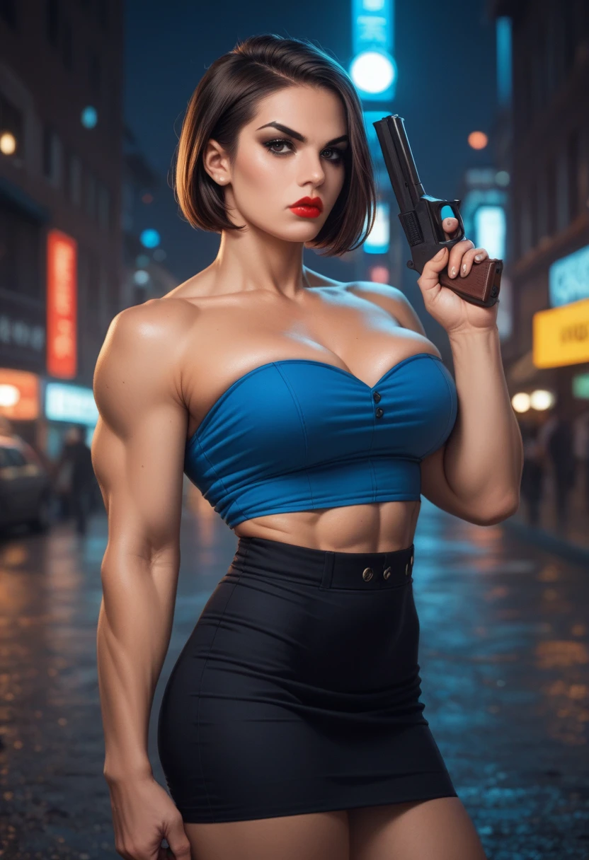 Brunette woman with big breasts,classic brown bob hair, eye shadow and lipstick,muscled body,wearing a blue strapless top with low cut chest and black mini skirt,serious look holding a pistol, city at night