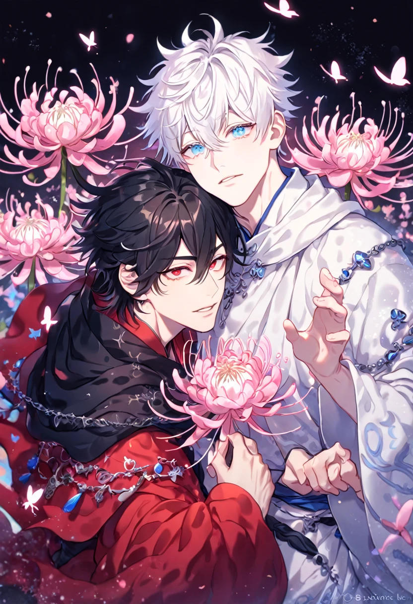 absurdres, highres, ultra detailed, HDR, master piece, best quality, extremely detailed face, delicated features, Xue Yu, untamed spiky hair, black hair, hair between the eyes, expressive red eyes, Thousand Years War, Gojou Satoru, white hair, messy hair, expressive blue eyes, white eyelashes, two sexy men together, gay couple, yaoi, handsome, manly man, black cape, red robes, white robes, accessories, patterns, pink spider lilies, fantasy, magical, blossoms, pink flowers, pink butterflies, magic, radiant, Jujutsu Kaisen