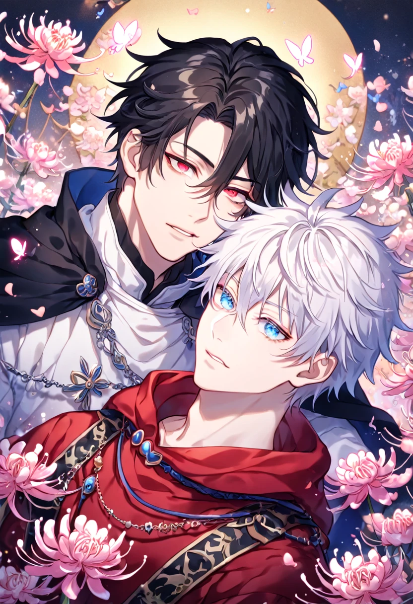 absurdres, highres, ultra detailed, HDR, master piece, best quality, extremely detailed face, delicated features, Xue Yu, untamed spiky hair, black hair, hair between the eyes, expressive red eyes, Thousand Years War, Gojou Satoru, white hair, messy hair, expressive blue eyes, white eyelashes, two sexy men together, gay couple, yaoi, handsome, manly man, black cape, red robes, white robes, accessories, patterns, pink spider lilies, fantasy, magical, blossoms, pink flowers, pink butterflies, magic, radiant, Jujutsu Kaisen